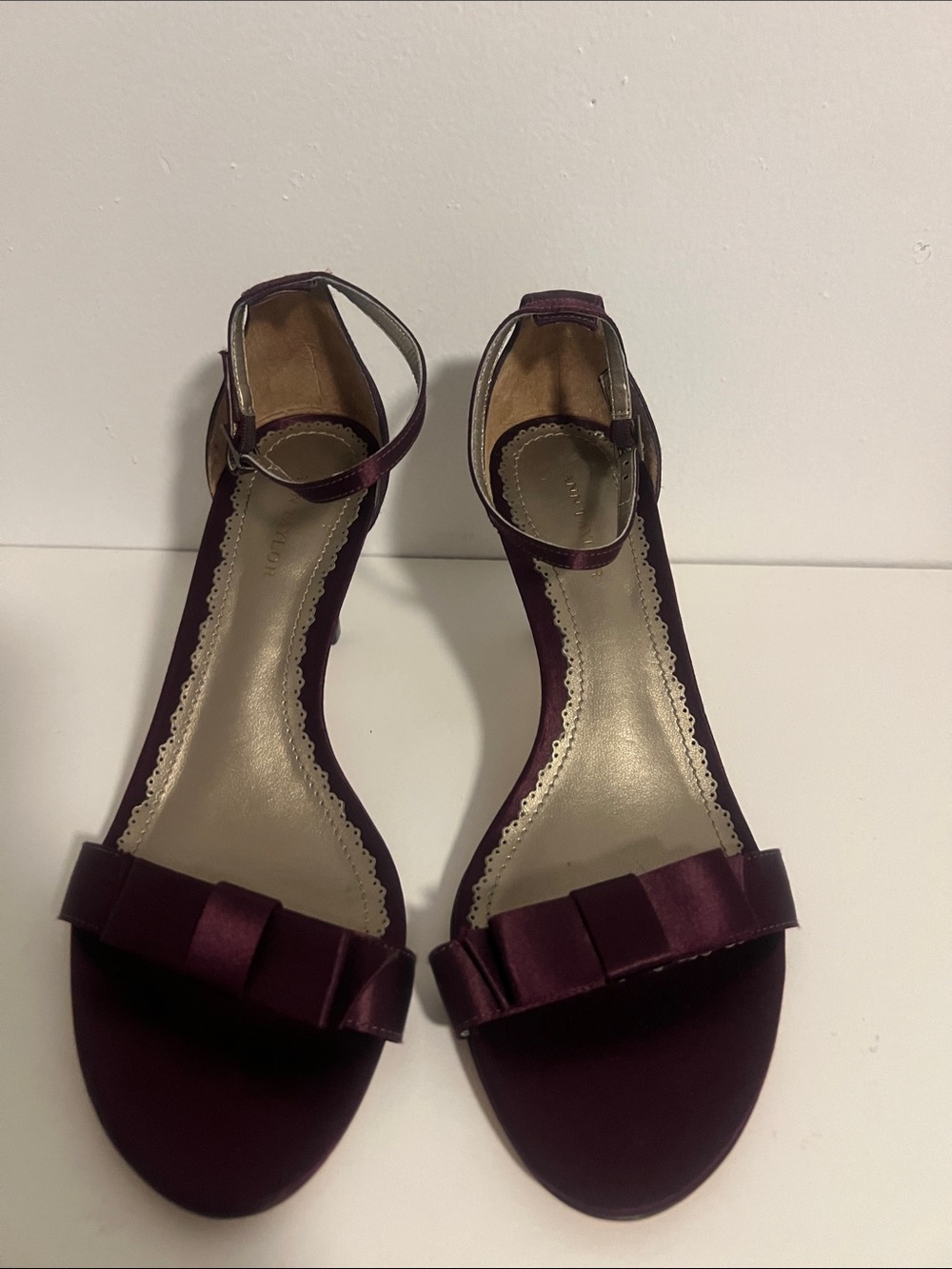 Ann Taylor Satin Ankle-Strap Sandals in Plum